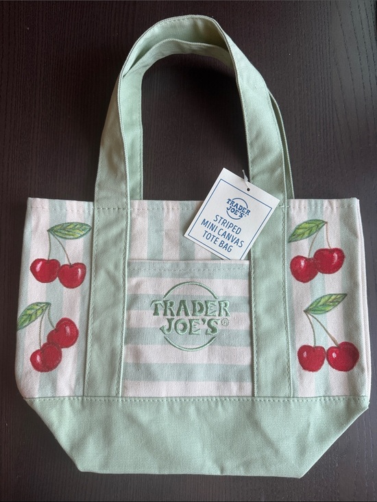 Trader Joe'S Handbags - Trader Joe’s Mini Green Striped Canvas Hand painted Cherry Tote Bag